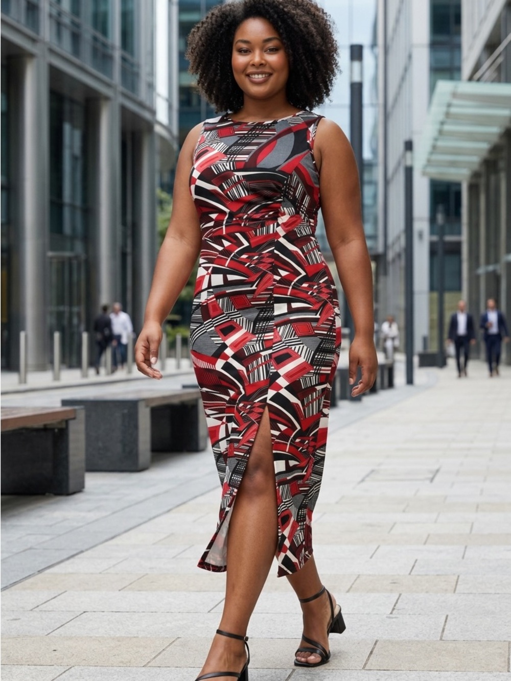 Ashley Stewart Size 12 Geo Print Midi Dress Sleeveless Ruched Stretch Slit